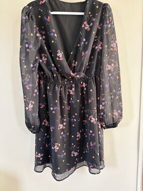 Black Floral Wrap-Style Mini Dress
